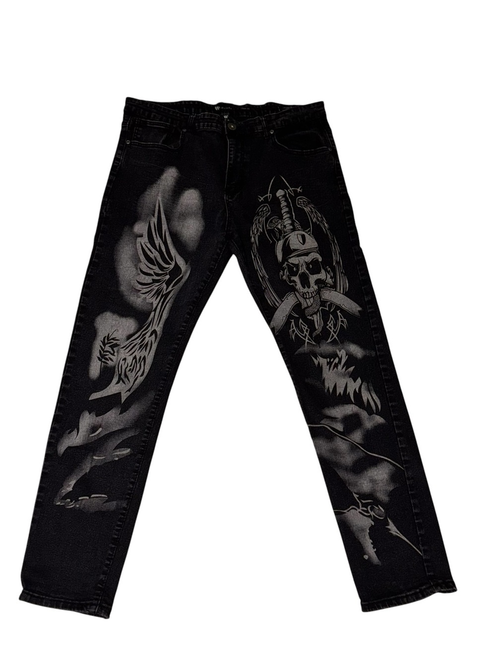 WAIMEA Men's Size 38 x 32 Skinny Denim Jeans Skull Tribal Print Black EUC